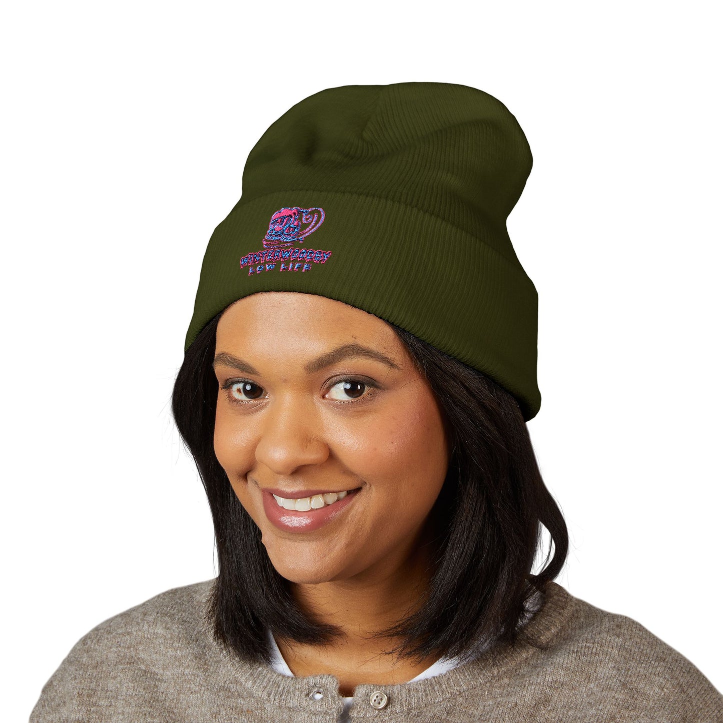 Embroidered Coffee & Books Cuffed Beanie — Vintage Café Vibes