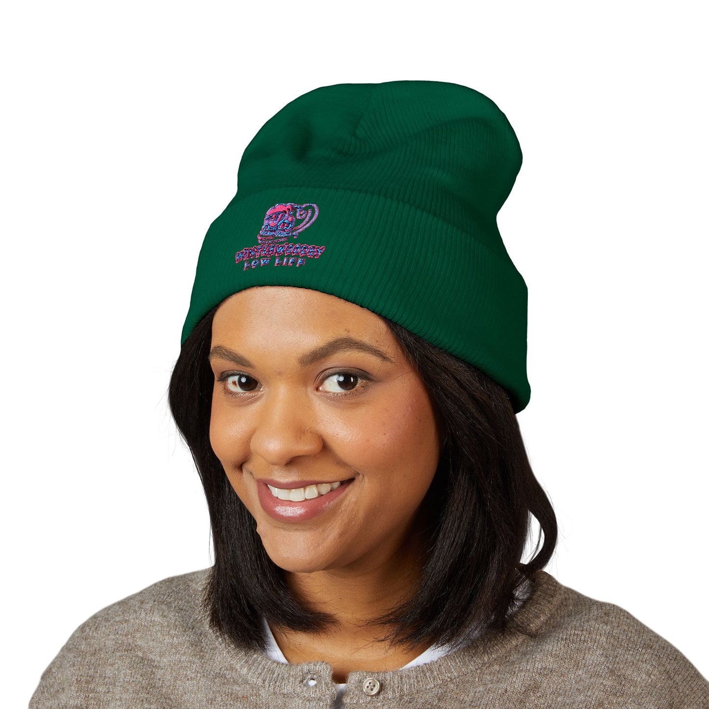 Embroidered Coffee & Books Cuffed Beanie — Vintage Café Vibes